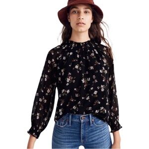 Madewell mock neck floral blouse with sheer sleeves, size S